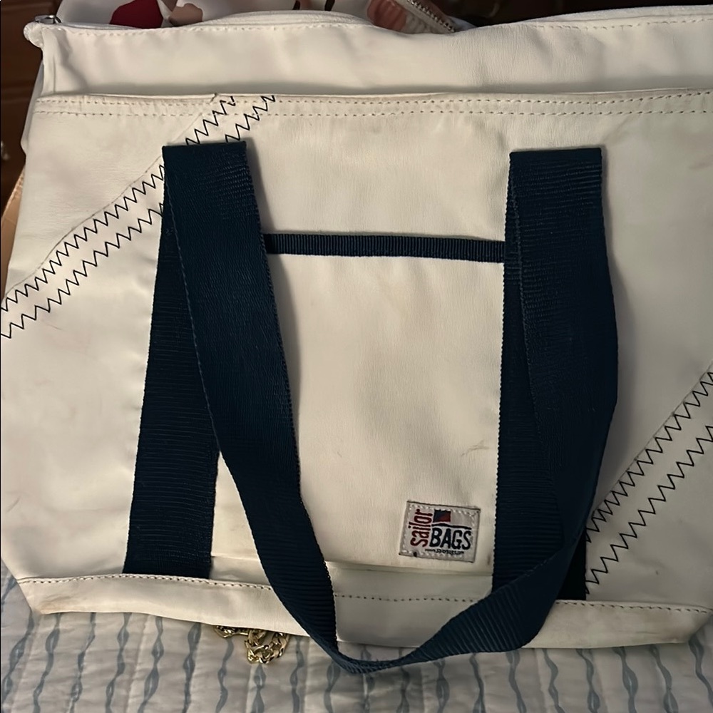 White and Navy Tote Bag by Topsail Bags